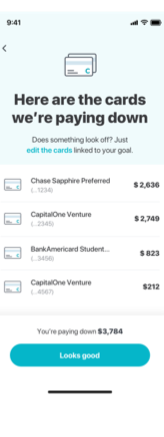 Screen listing 4 linked credit cards and balances under 'Here are the cards we're paying down,' with an option to edit which cards count toward the goal